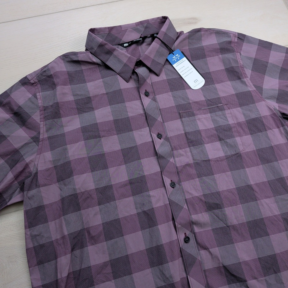 NEW Travis Mathew Buffalo Plaid Shirt Mens XXL Purple Performance Short Sleeve